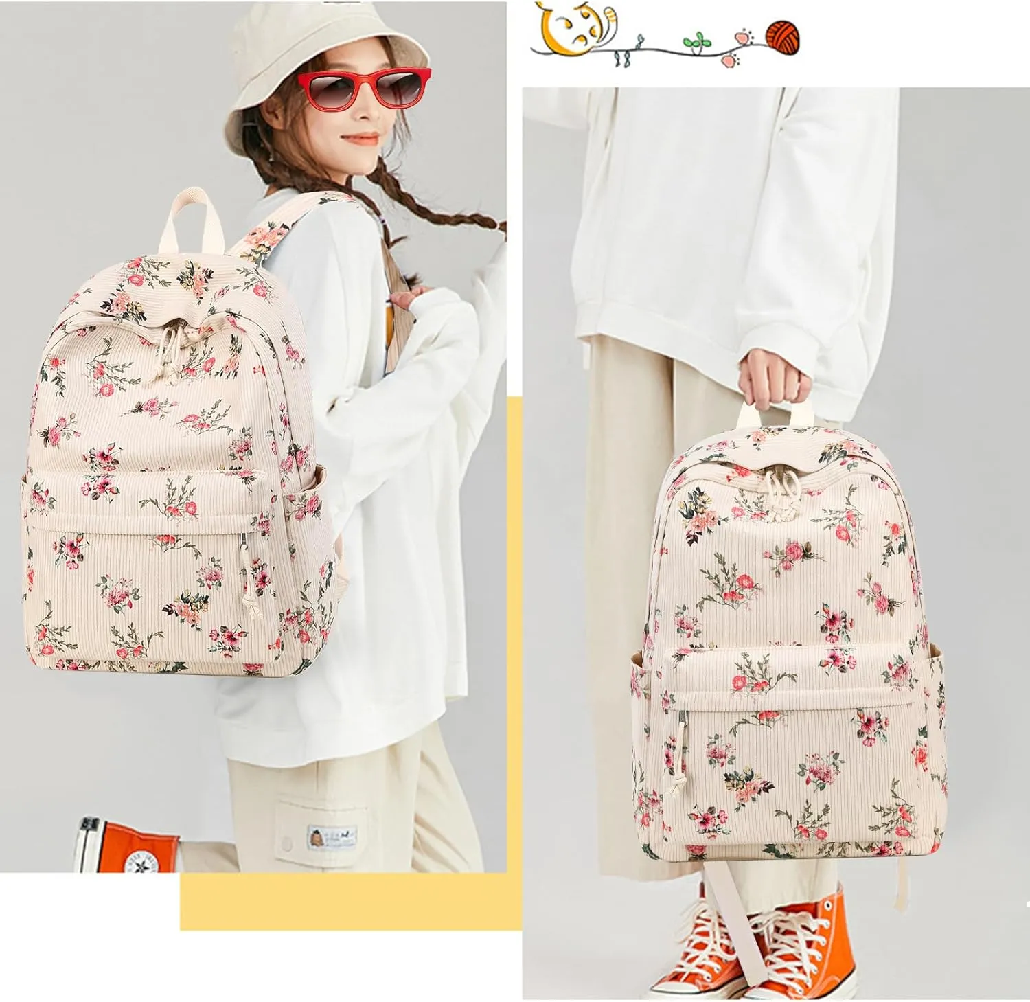 School Backpack for Teen Girls Women Laptop Backpack College Bookbags Middle School Travel Work Commuter Back Pack(Corduroy flower)