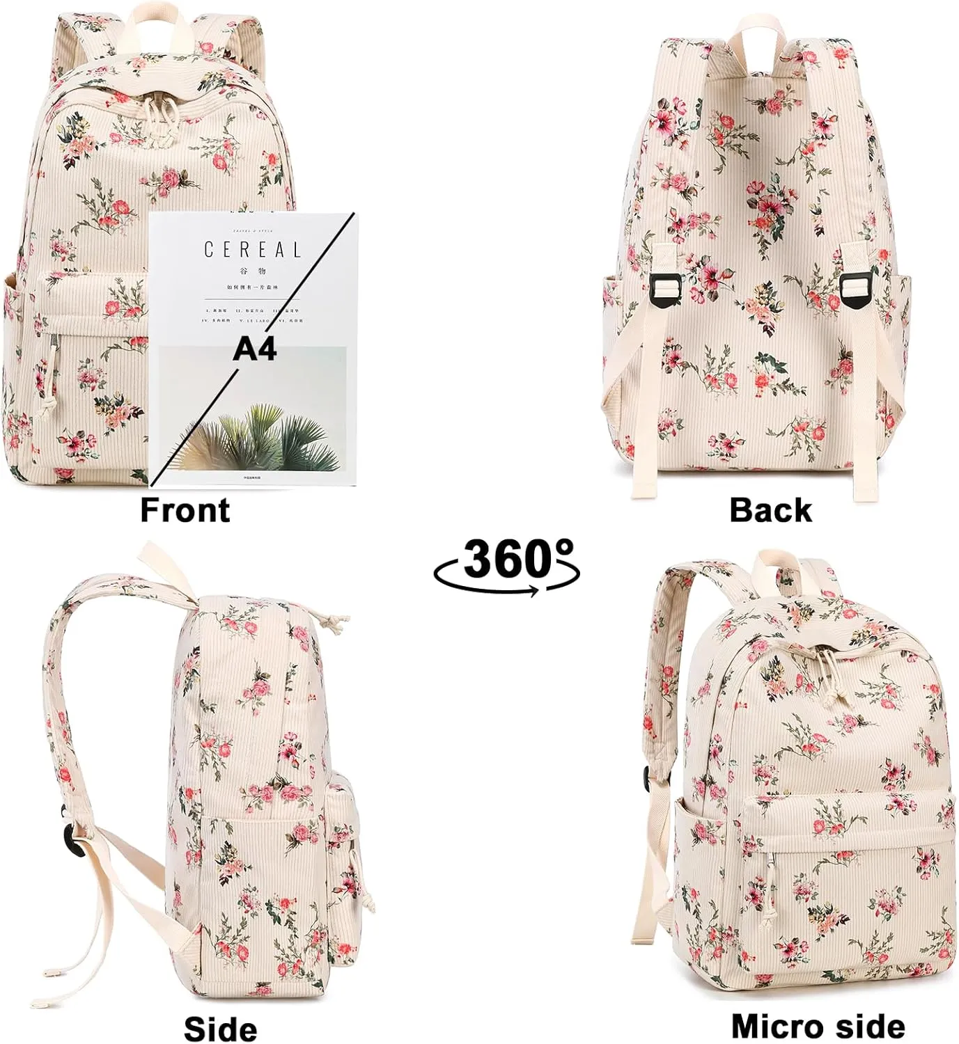 School Backpack for Teen Girls Women Laptop Backpack College Bookbags Middle School Travel Work Commuter Back Pack(Corduroy flower)