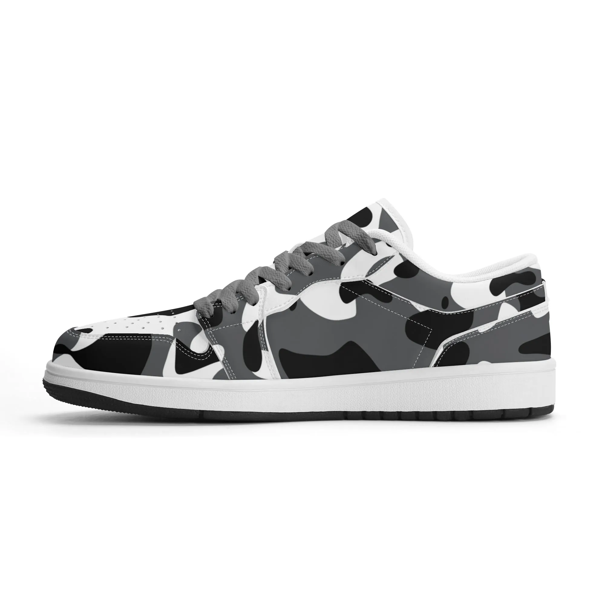 Schwarz Grau Weiß Camouflage Low Top Leder Sneaker für Damen