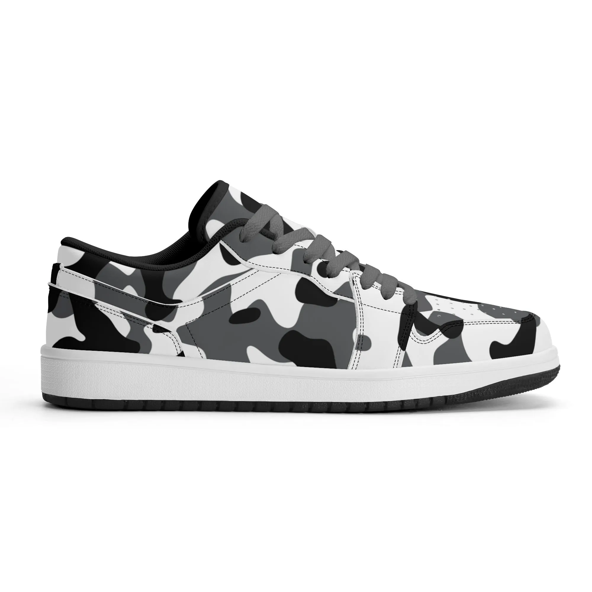 Schwarz Grau Weiß Camouflage Low Top Leder Sneaker für Damen
