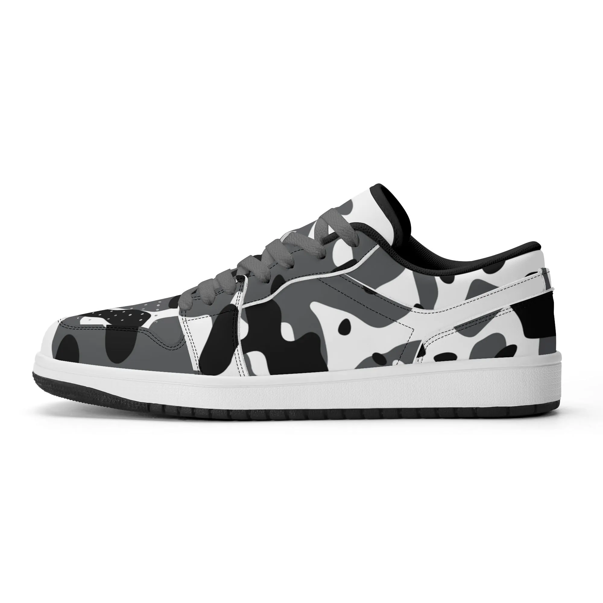 Schwarz Grau Weiß Camouflage Low Top Leder Sneaker für Damen