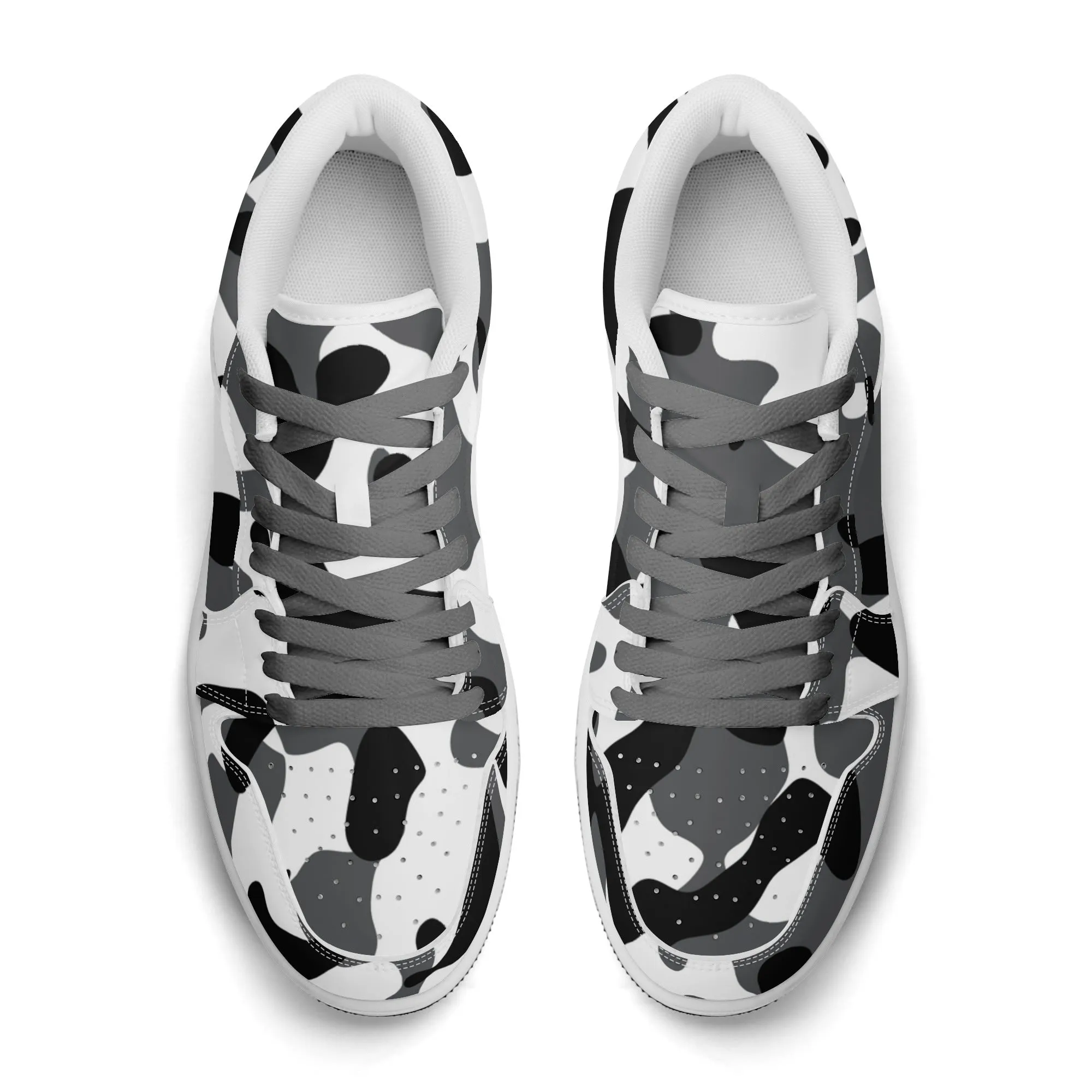Schwarz Grau Weiß Camouflage Low Top Leder Sneaker für Damen