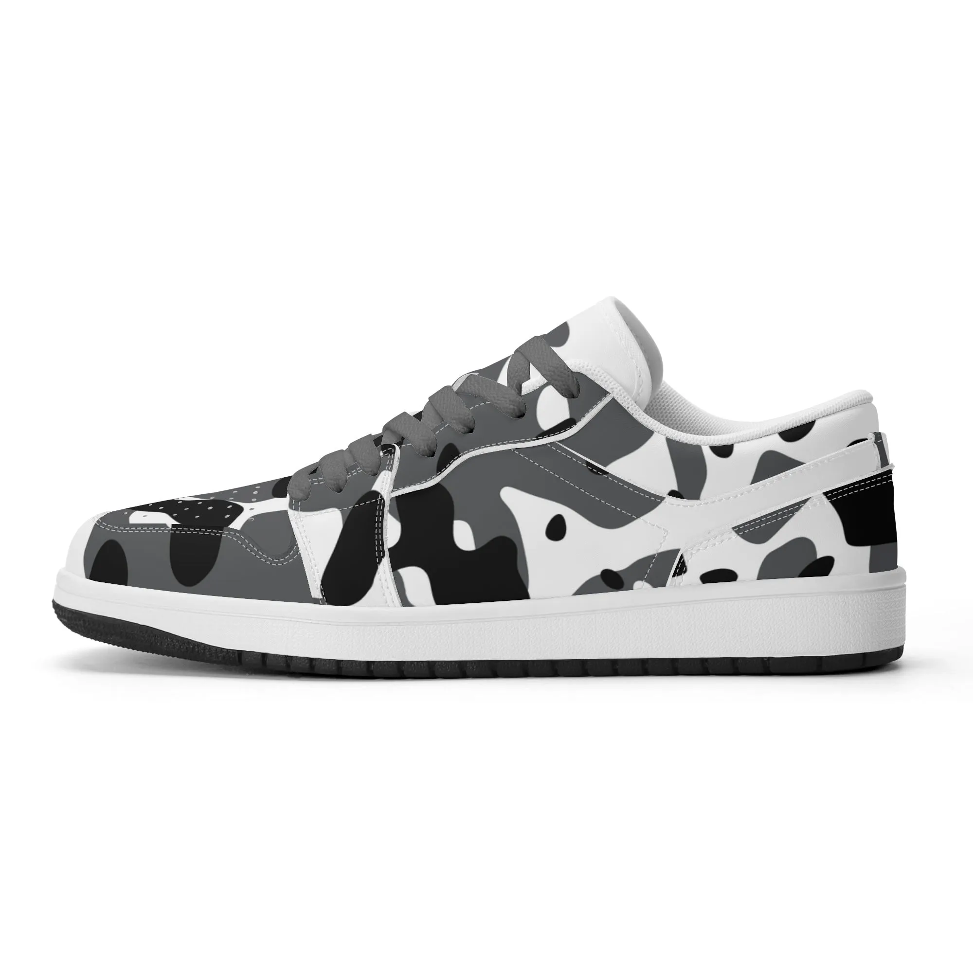 Schwarz Grau Weiß Camouflage Low Top Leder Sneaker für Damen