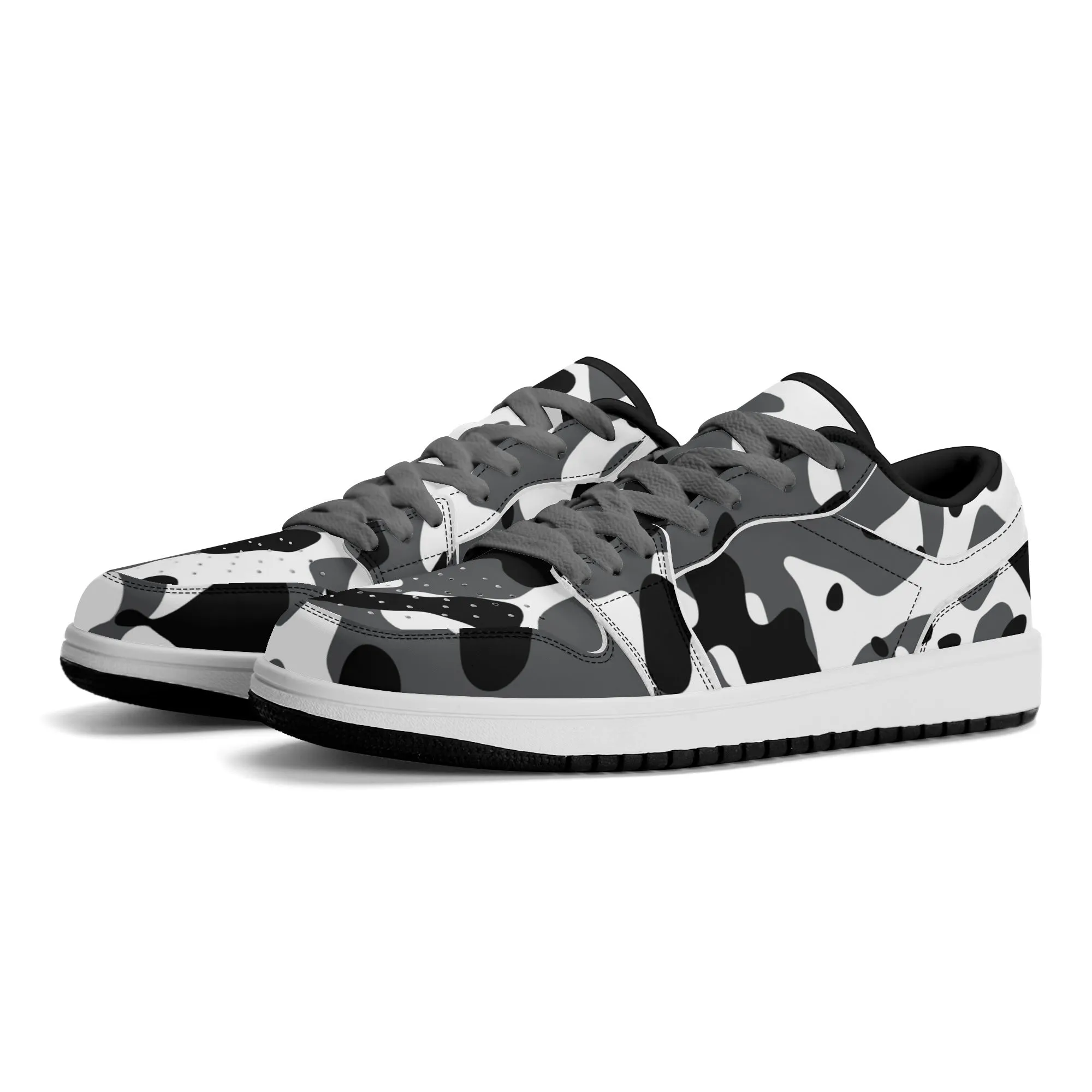 Schwarz Grau Weiß Camouflage Low Top Leder Sneaker für Damen