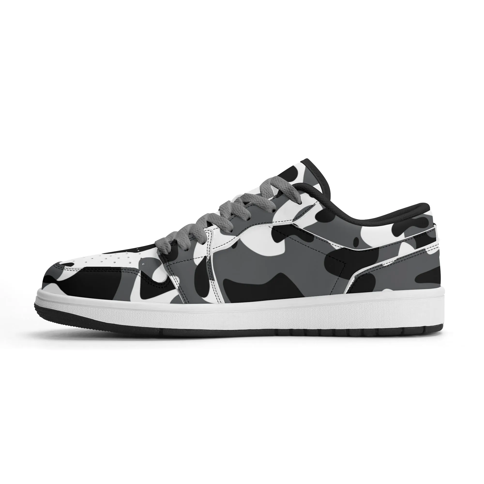 Schwarz Grau Weiß Camouflage Low Top Leder Sneaker für Damen