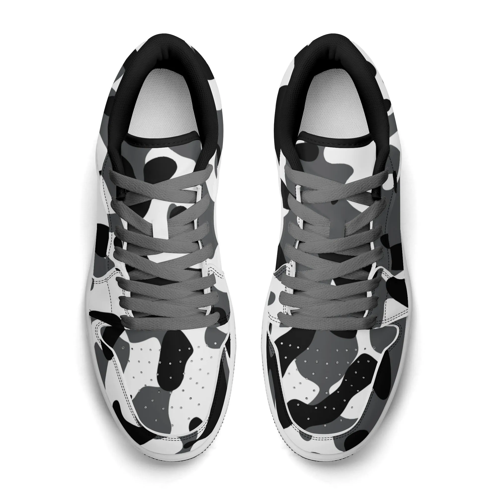 Schwarz Grau Weiß Camouflage Low Top Leder Sneaker für Damen