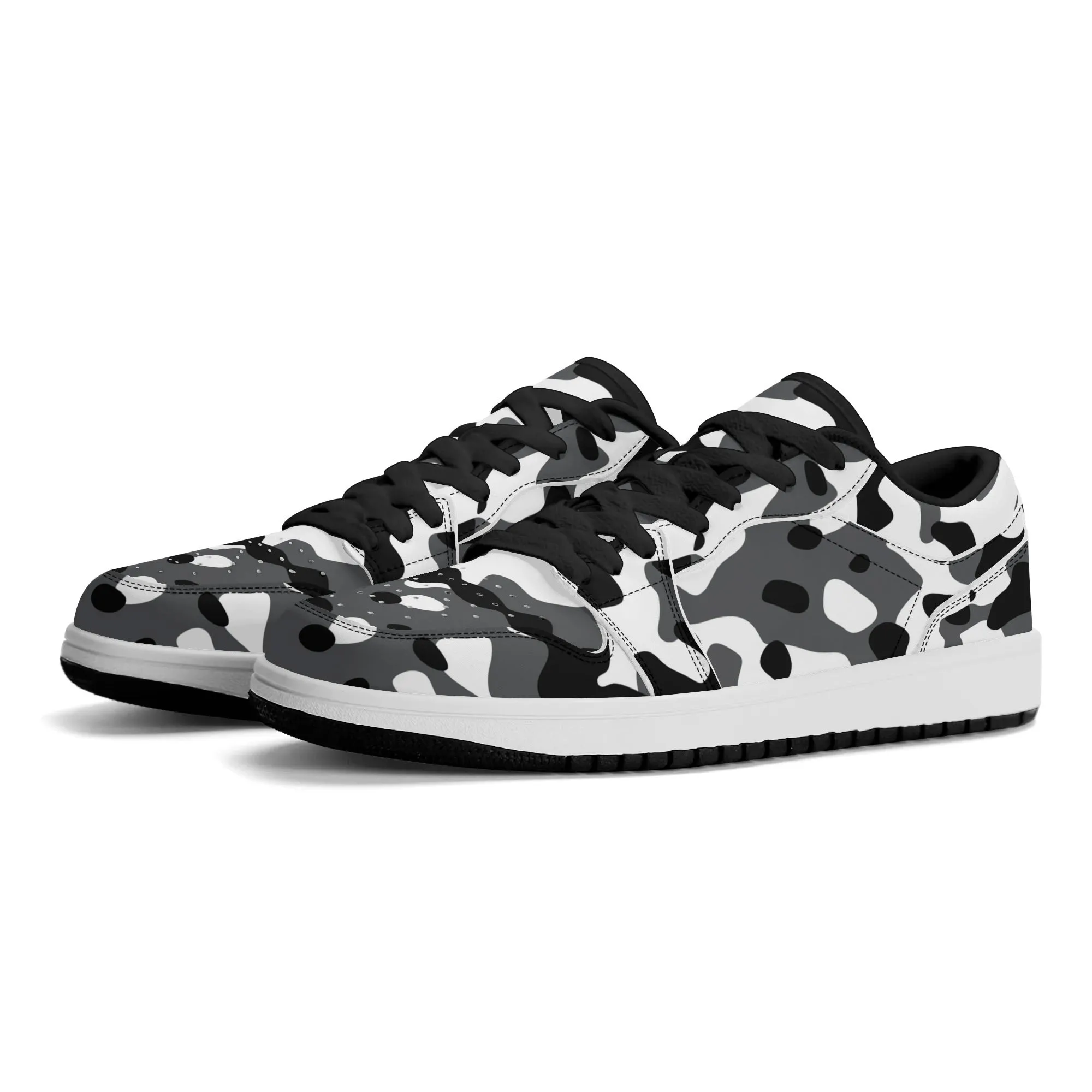 Schwarz Grau Weiß Camouflage Low Top Leder Sneaker für Herren