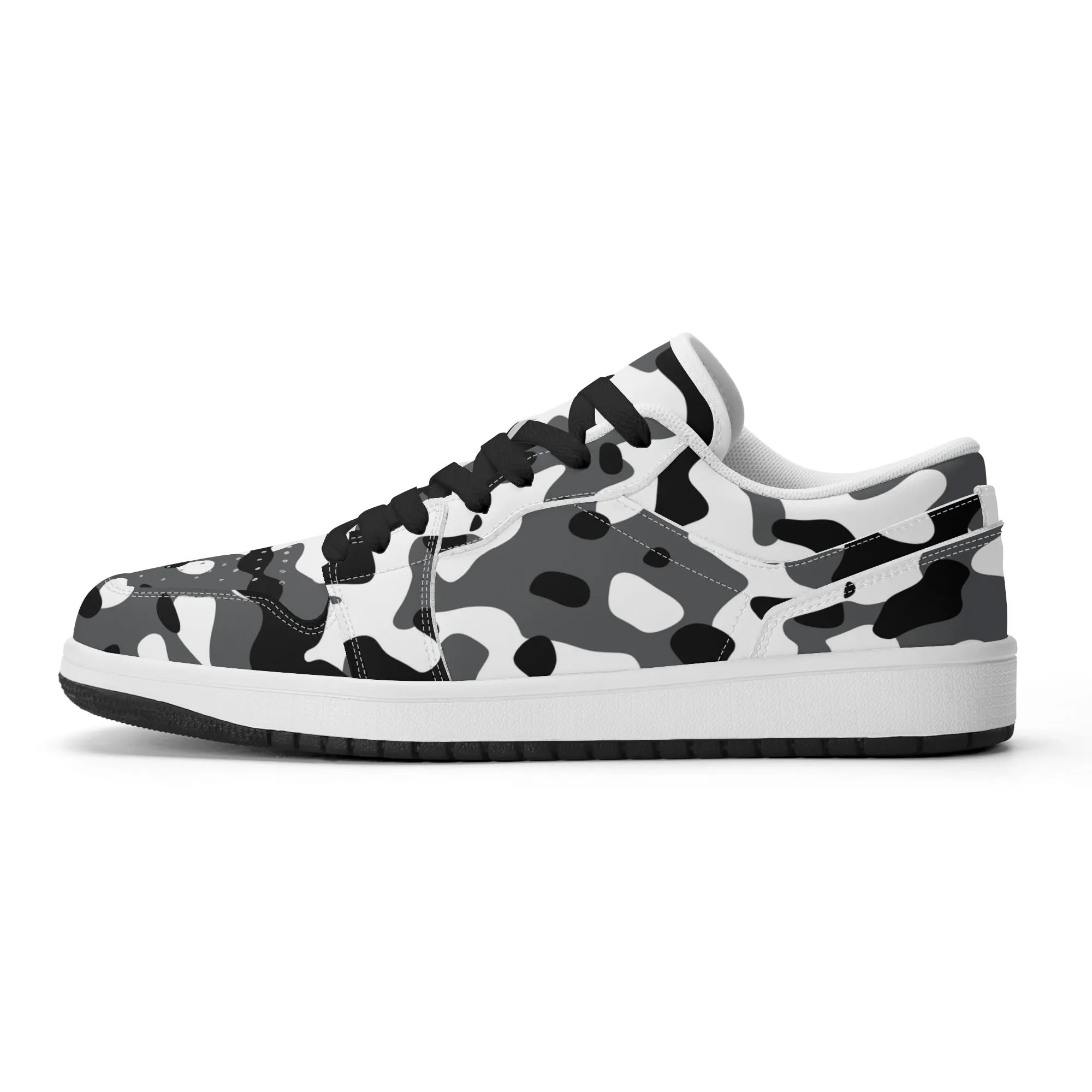 Schwarz Grau Weiß Camouflage Low Top Leder Sneaker für Herren