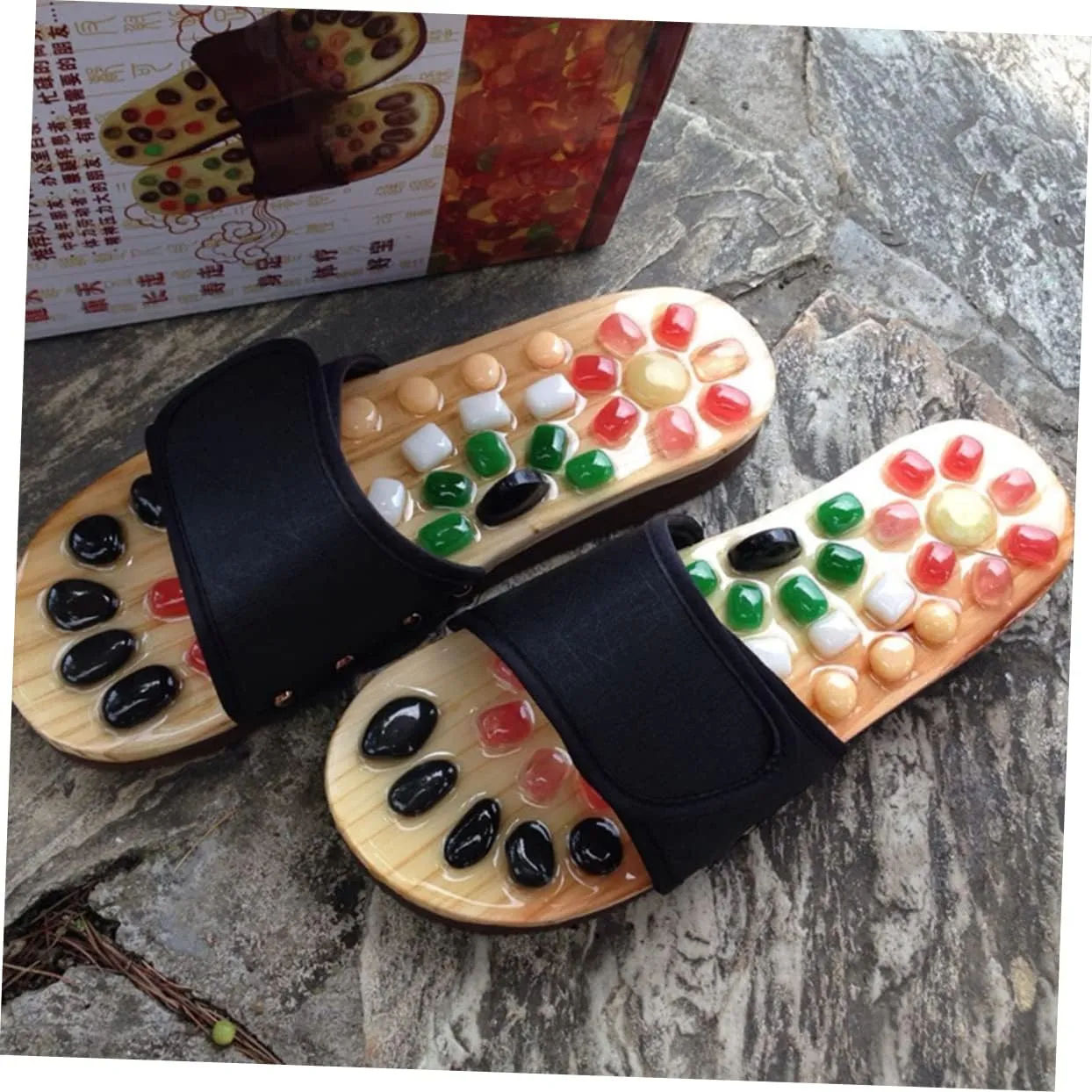 SECFOU Foot Health Massage Slippers Reflexology Sandals Women's Acupressure Shoes Natural Jade Cobblestone Massage Slippers Size 37-38