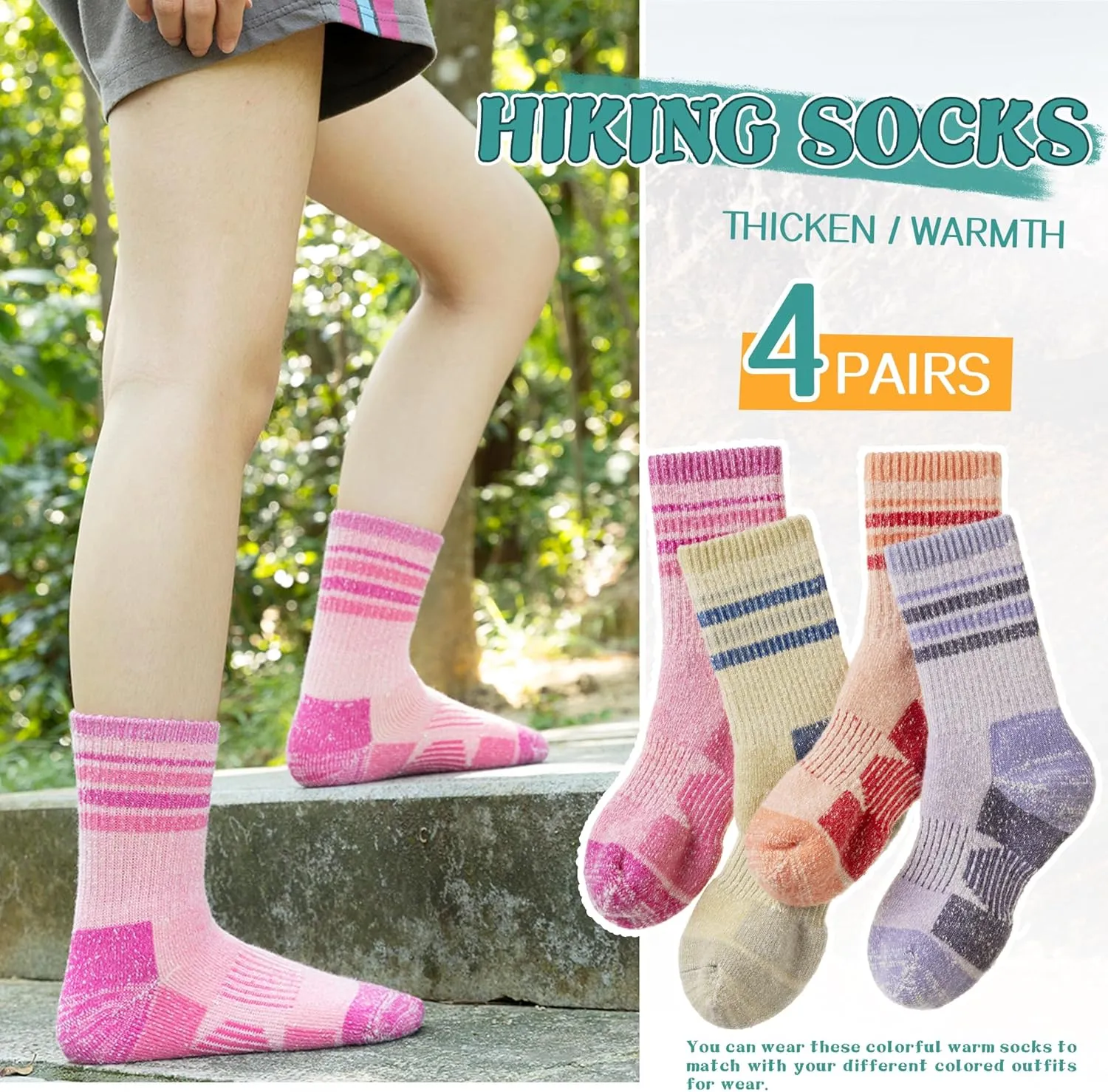 SeeyAN Kids Merino Wool Hiking Socks Boys Girls Thermal Winter Warm Boot Toddlers Thick Cushion Socks 4 Pairs