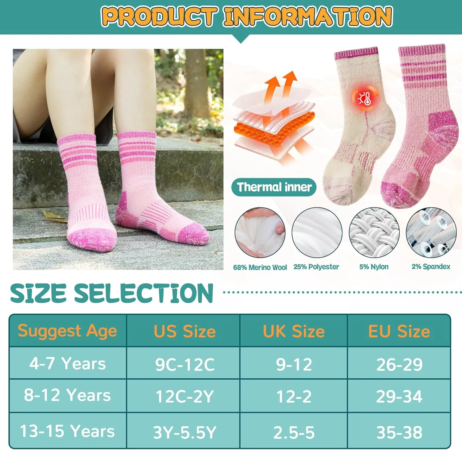 SeeyAN Kids Merino Wool Hiking Socks Boys Girls Thermal Winter Warm Boot Toddlers Thick Cushion Socks 4 Pairs