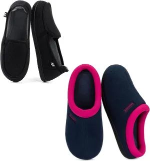Set of 2 Pairs - Women's Size 6, Women's Two-Tone Hoodback Slippe (Black) Women's Fleece Two-Tone Memory Foam Slipper (Dark Navy)