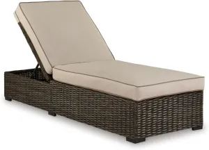 Signature Design by Ashley Coastline Bay Casual Outdoor Armless Chaise Lounge with Cushion and Adjustable Height, Beige & Dark Brown