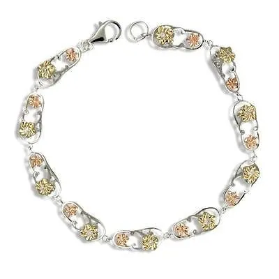 SILVER 925 TRICOLOR HAWAIIAN PLUMERIA FLIP FLOP SLIPPER BRACELET CZ RHODIUM 7.5"
