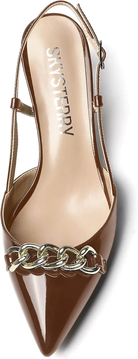 SKYSTERRY Women's Casual Metal Slip On Pointed Toe Patent Slingback Dating Spool Low Heel Pumps Shoes 2 Inch