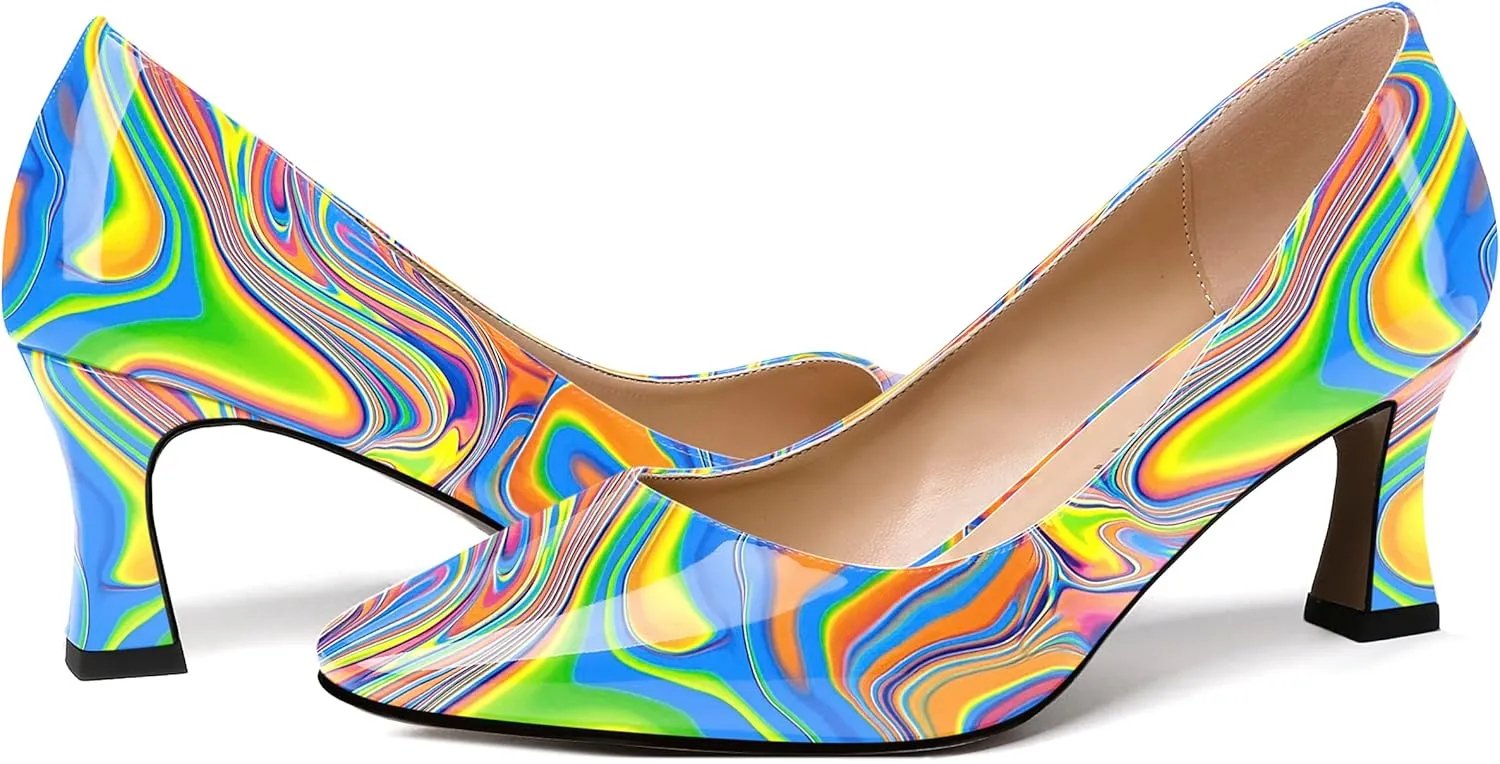 SKYSTERRY Women's Patent Office Solid Dress Slip On Square Toe Spool Mid Heel Pumps Shoes 2.5 Inch