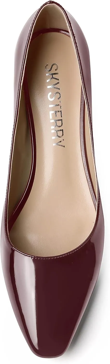SKYSTERRY Women's Patent Slip On Square Toe Office Casual Spool Low Heel Pumps Shoes 1.5 Inch