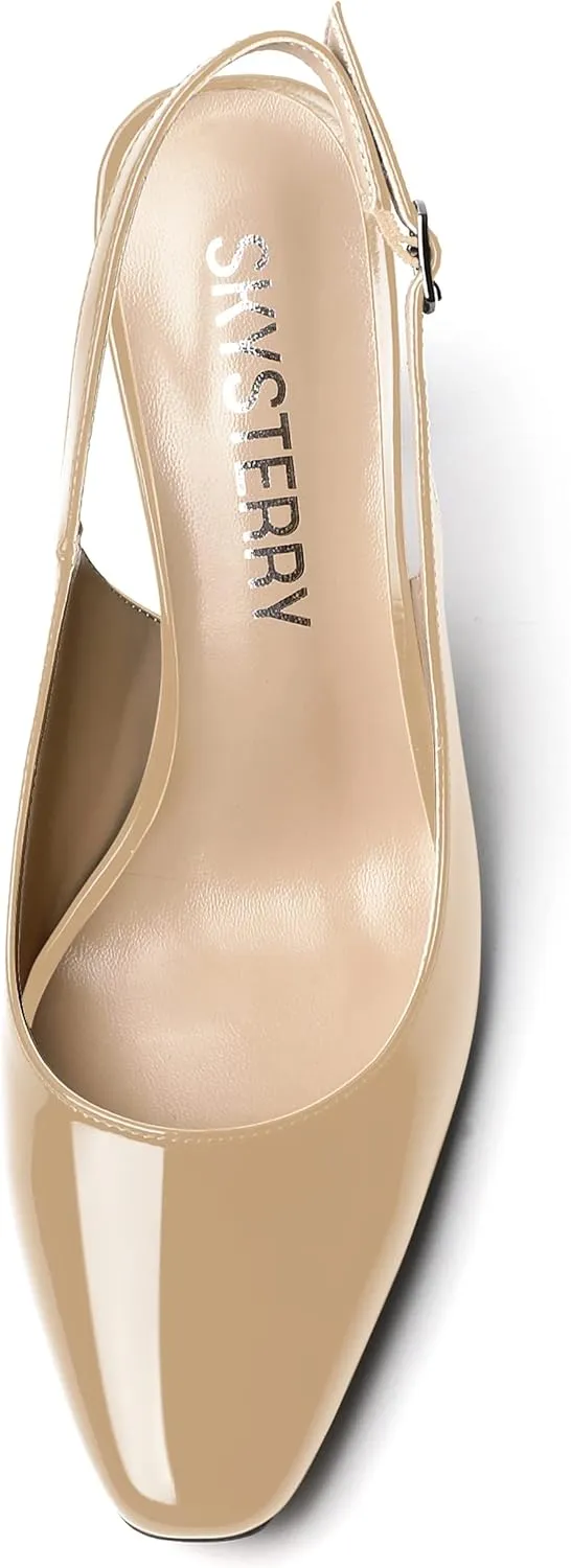 SKYSTERRY Women's Slingback Square Toe Patent Casual Dating Slip On Spool High Heel Pumps Shoes 3.3 Inch