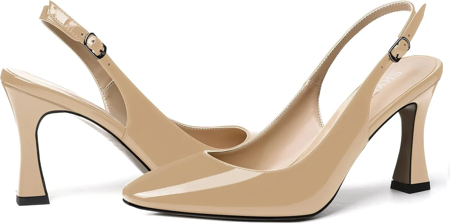 SKYSTERRY Women's Slingback Square Toe Patent Casual Dating Slip On Spool High Heel Pumps Shoes 3.3 Inch