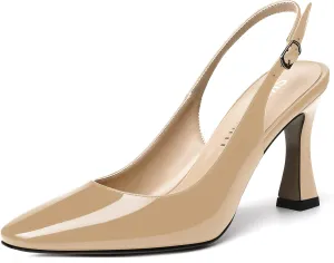 SKYSTERRY Women's Slingback Square Toe Patent Casual Dating Slip On Spool High Heel Pumps Shoes 3.3 Inch