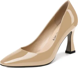 SKYSTERRY Women's Slip On Office Casual Square Toe Patent Spool High Heel Pumps Shoes 3.3 Inch