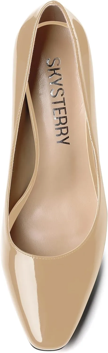 SKYSTERRY Women's Slip On Office Casual Square Toe Patent Spool High Heel Pumps Shoes 3.3 Inch
