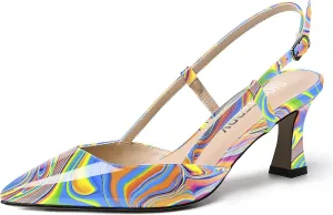 SKYSTERRY Women's Slip On Patent Pointed Toe Slingback Casual Dating Spool Mid Heel Pumps Shoes 2.5 Inch