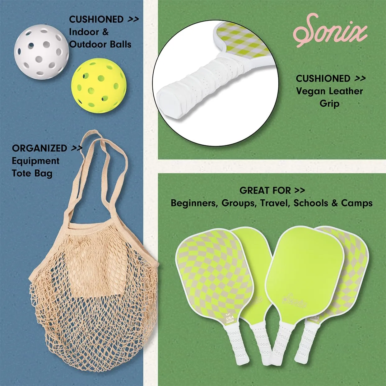 Sonix | Pickleball Paddles Set of 4 | USAPA Approved | Fiberglass Surface Pickleball Set with 4 Paddles, 2 Balls, & Bag