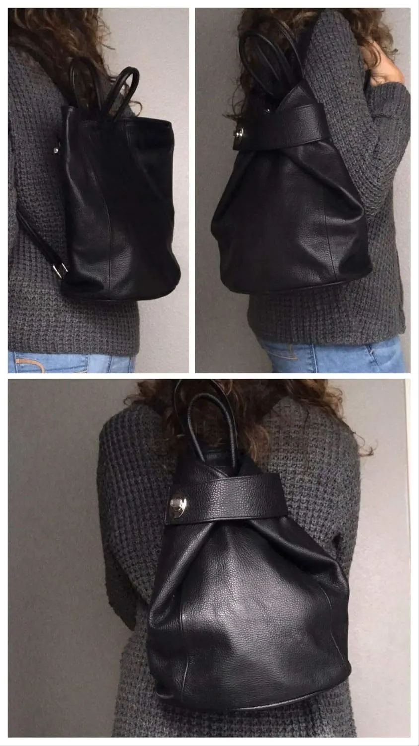 Stella Convertible Leather Backpack Purse – Casual Travel Tote Bag (Black)