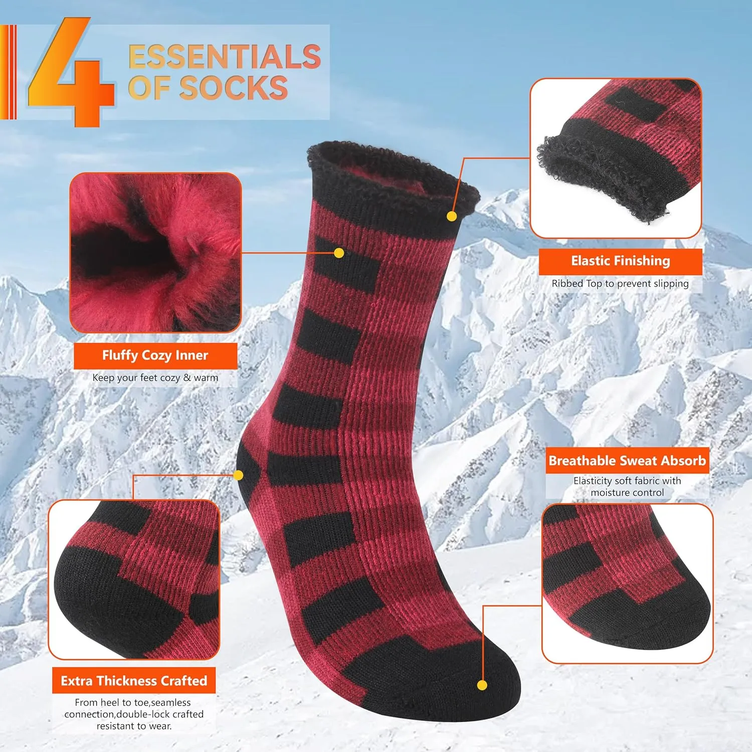 Sunew Warm Thermal Socks 4 Pack, Mens Womens Winter Heated Outdoor Skiing Thermal Socks