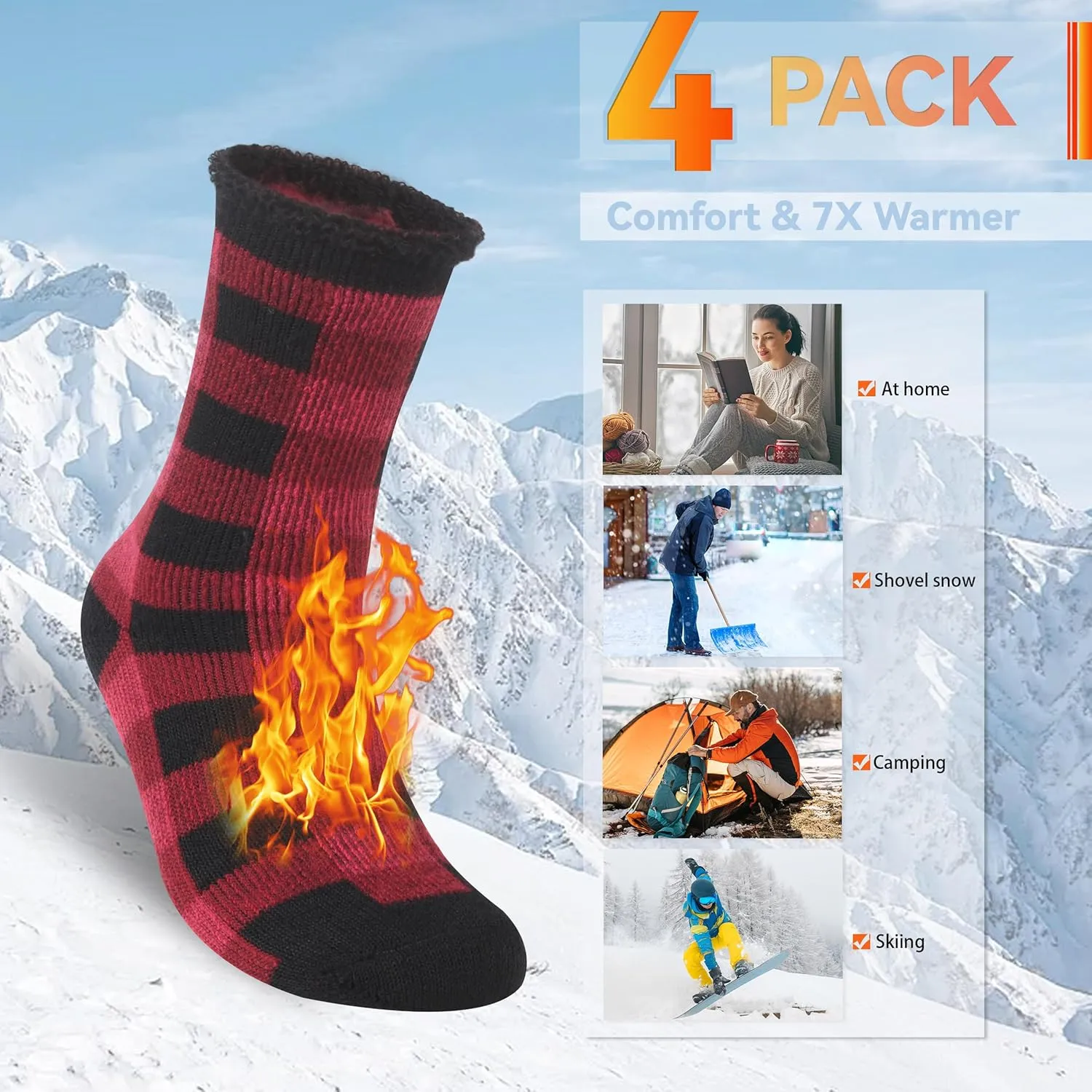 Sunew Warm Thermal Socks 4 Pack, Mens Womens Winter Heated Outdoor Skiing Thermal Socks