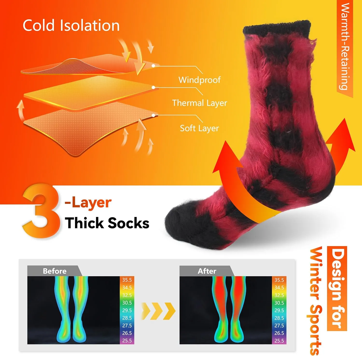 Sunew Warm Thermal Socks 4 Pack, Mens Womens Winter Heated Outdoor Skiing Thermal Socks