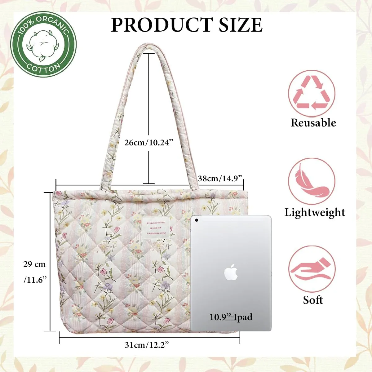 Sunwel Fashion Top Zipper Women Floral Quilted Tote Bag for Work Travel Gym Shopping Beach