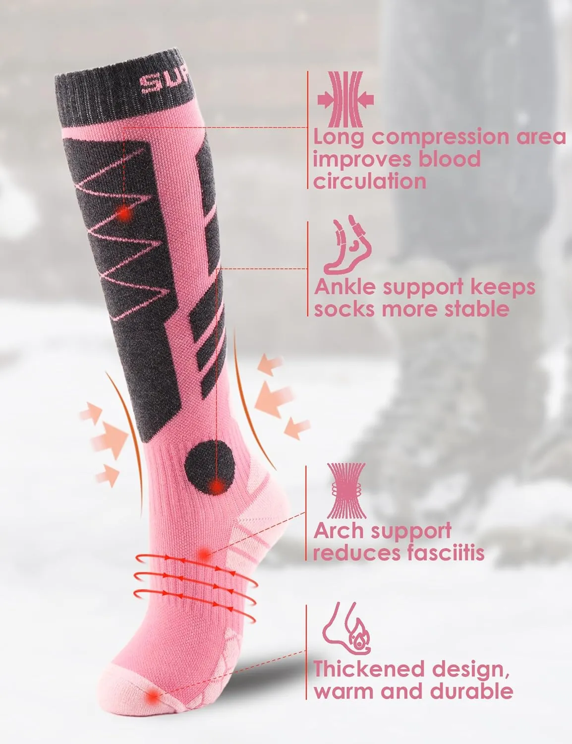 Supertrip 3 Pairs Merino Wool Ski Socks for Womens Mens, Thermal Winter Warm Knee High Socks for Skiing Snowboarding