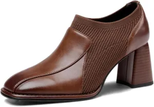 TinaCus Women's Square Toe Genuine Leather & Woolen Handmade Mid Chunky Heels Casual Shoes