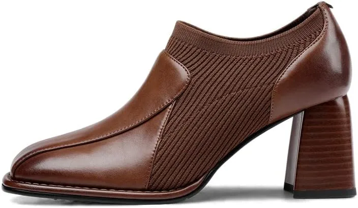 TinaCus Women's Square Toe Genuine Leather & Woolen Handmade Mid Chunky Heels Casual Shoes