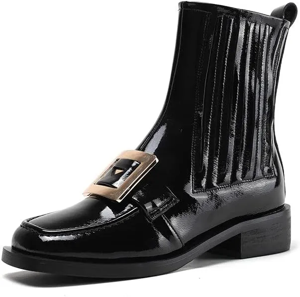 TinaCus Women's Square Toe Patent Leather Handmade Buckle Low Heels Slip On Casual Ankle Boots
