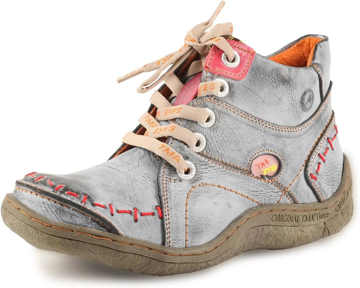 TMA EYES Women Stitching Shoes Leather Lace-up Low Heel Handwork Casual Boots