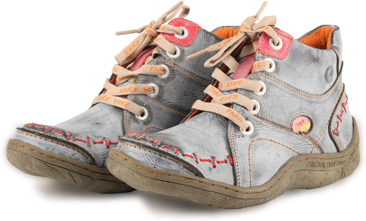 TMA EYES Women Stitching Shoes Leather Lace-up Low Heel Handwork Casual Boots