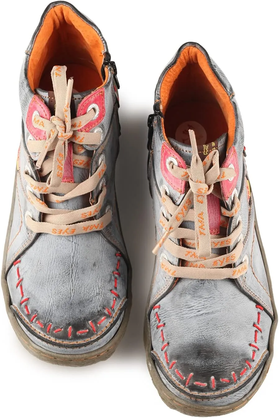 TMA EYES Women Stitching Shoes Leather Lace-up Low Heel Handwork Casual Boots