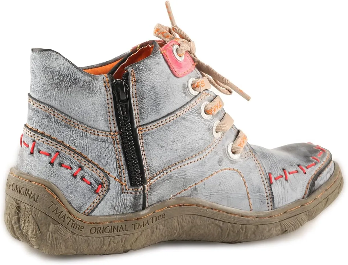 TMA EYES Women Stitching Shoes Leather Lace-up Low Heel Handwork Casual Boots