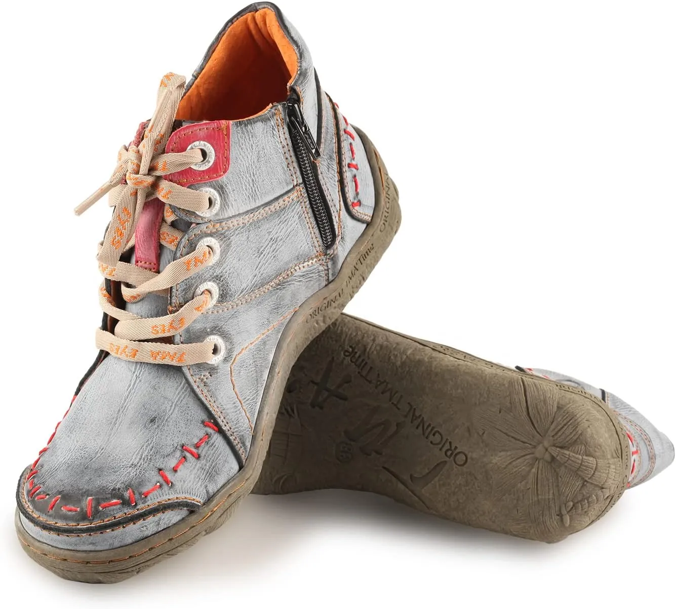 TMA EYES Women Stitching Shoes Leather Lace-up Low Heel Handwork Casual Boots
