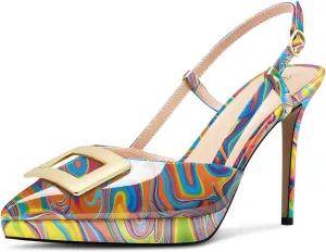 TNYNFBEB Womens Stiletto High Platform Heel Pointed Toe Pumps Slingback Slip-on Buckle Party Basic Classic 3.9 Inches Heels
