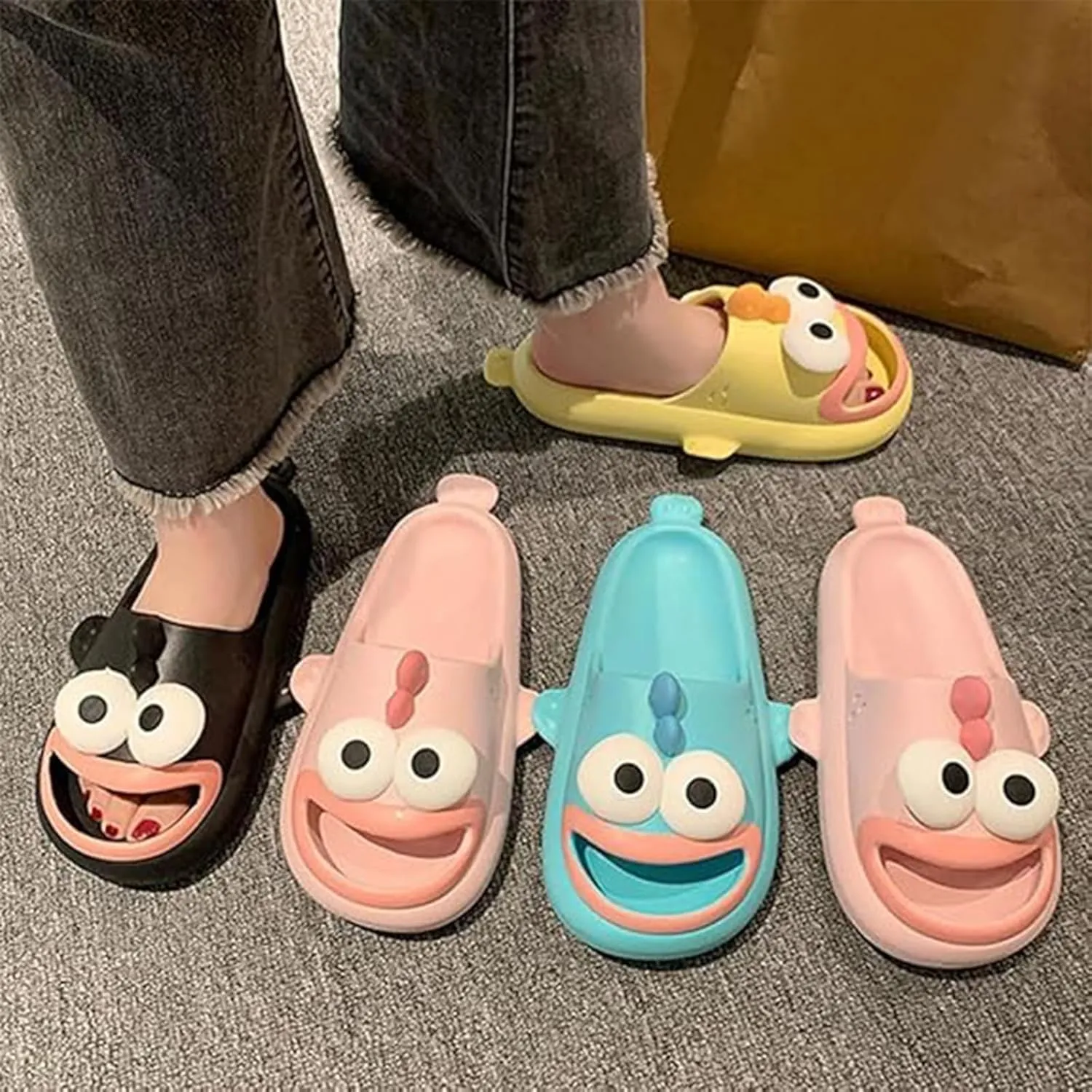 Ugly Fish Slides, Fish Slippers Tongue Kiss Cloud Slides for Women Men, Tongue Kiss Slippers, Summer Non-Slip Open Toe Thick Sole Beach Shower Shoes (Black,12-13 Women/10-11 Men)