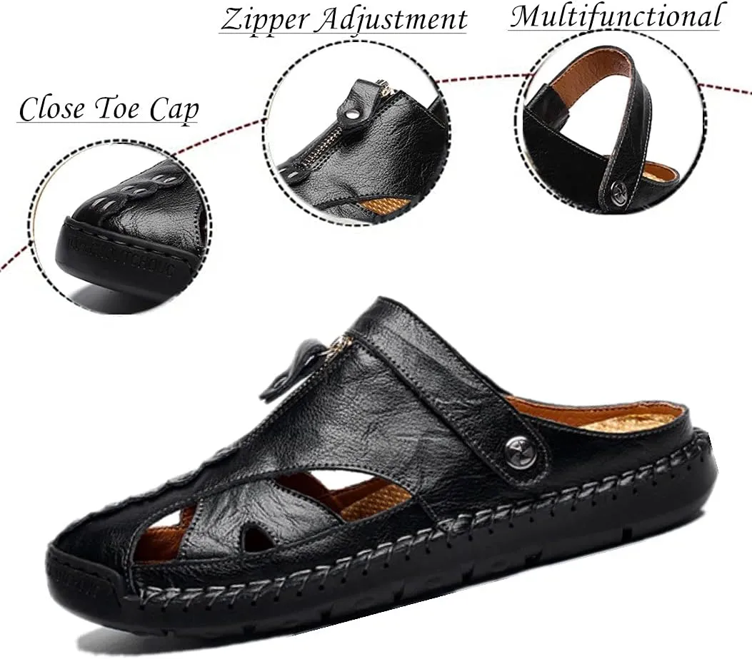 UIKGITP Men Beach Water Sandals Hand Stiching Zip Sandals Slides Leather Comforatble Multifunctional Slippers