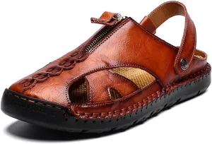 UIKGITP Men Beach Water Sandals Hand Stiching Zip Sandals Slides Leather Comforatble Multifunctional Slippers