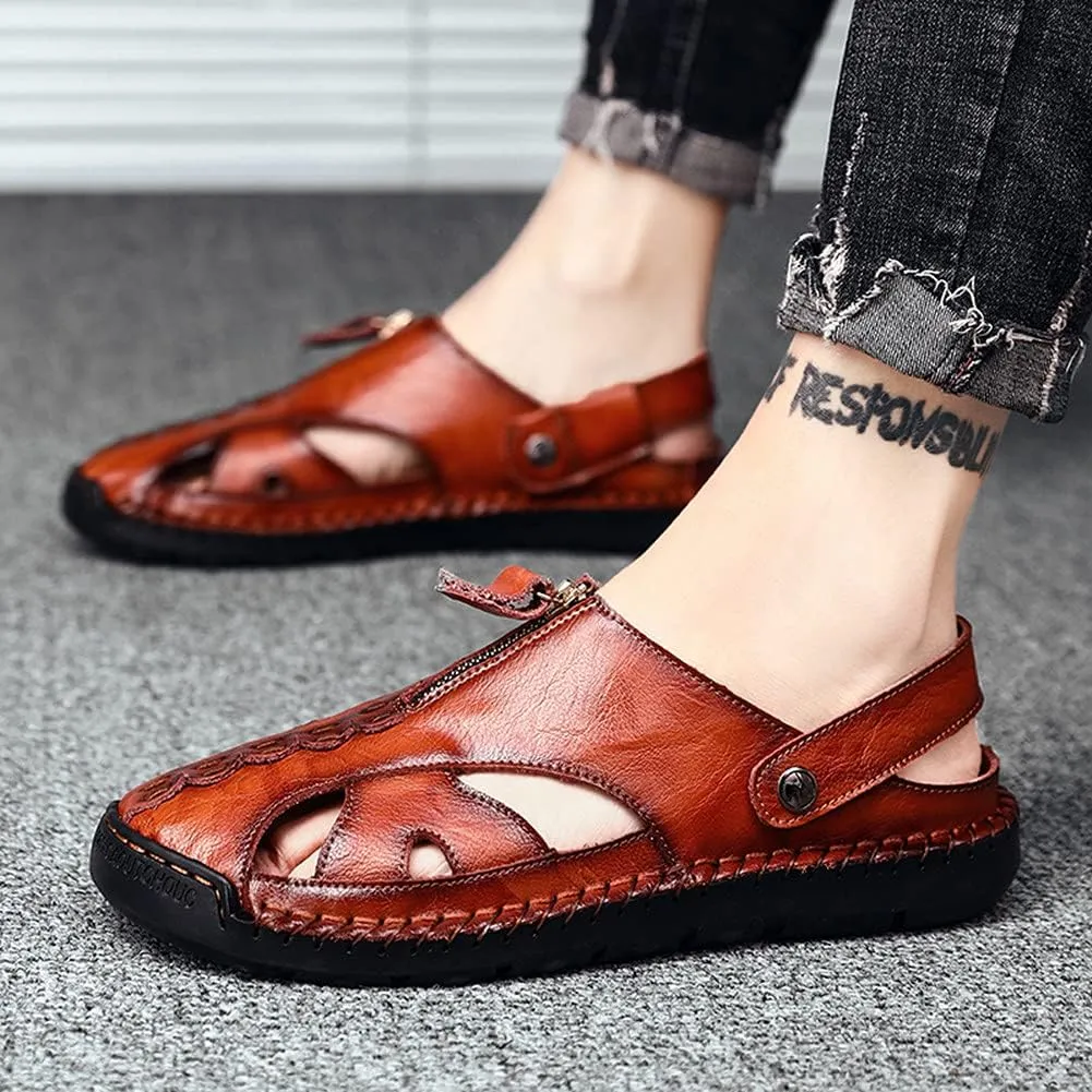 UIKGITP Men Beach Water Sandals Hand Stiching Zip Sandals Slides Leather Comforatble Multifunctional Slippers