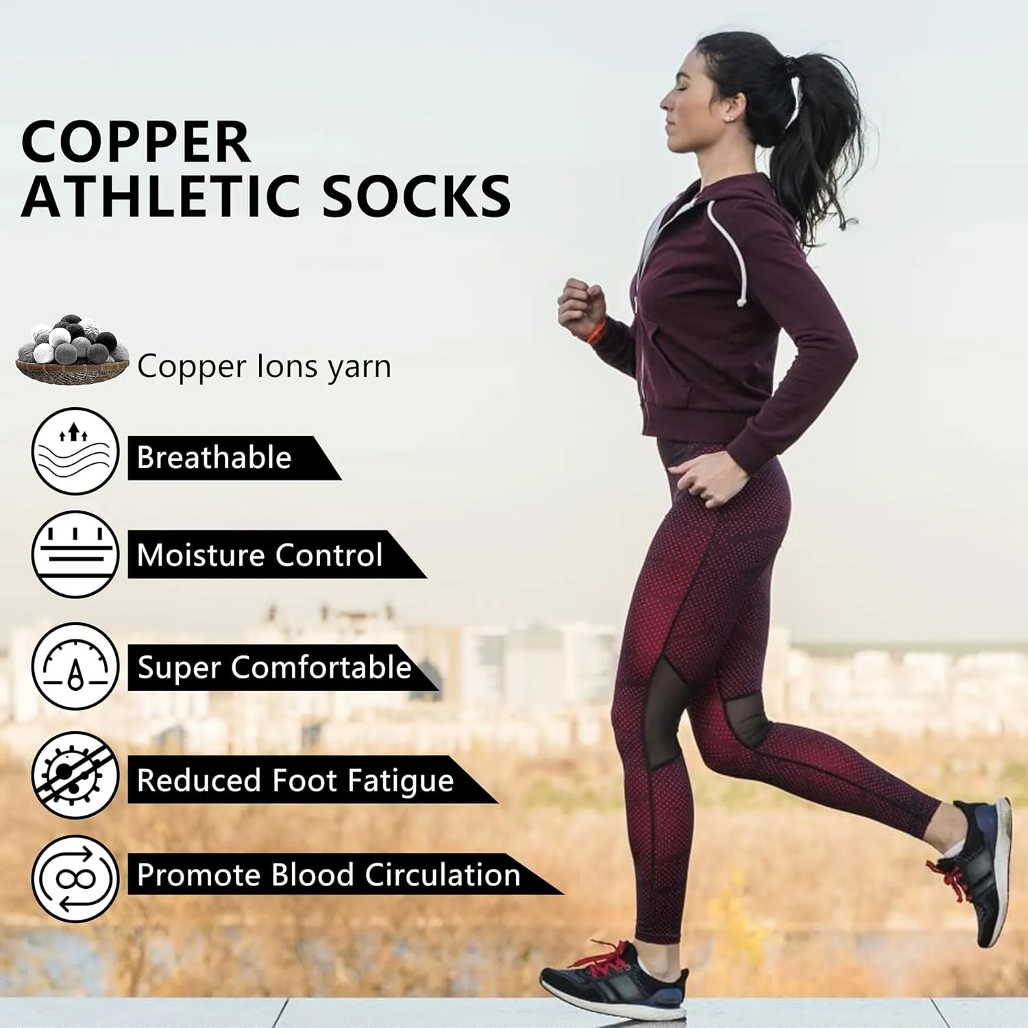 Unisex Copper Socks, Cushioned Sole Arch Support Athletic Ankle Socks Cycling Basketball Running Socks