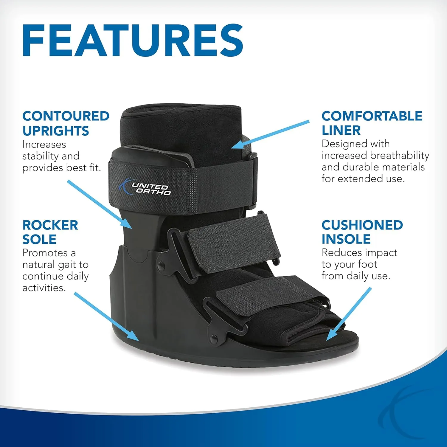 United Ortho USA14011 Short Cam Walker Fracture Boot, Extra Small, Black
