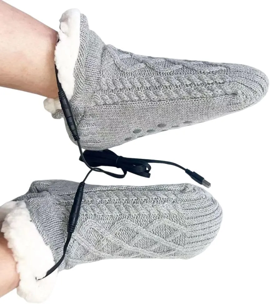 USB Heated Socks Slippers Winter Electric Heating Thermal Plush Knitted Slippers Cold Weather Bootie Foot Warmers Anti-Slip Home Indoor Heating Slippers Footwear Shoes for Indoor Room Office